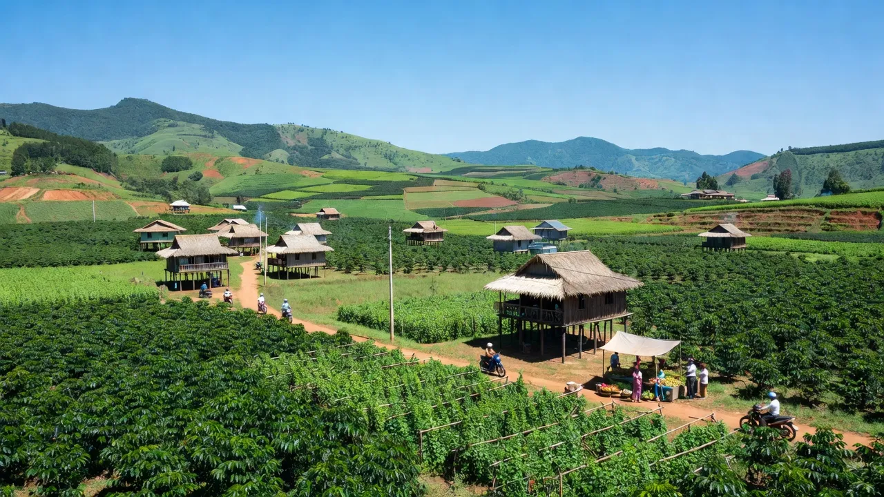 Khung cảnh xã Cư Knia tại huyện Cư Jút, Đắk Nông với cánh đồng nông nghiệp xanh tươi.