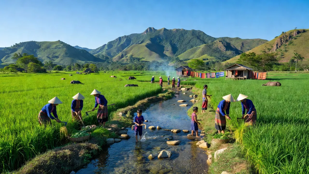 Xã Đắk Wil, huyện Cư Jút, tỉnh Đắk Nông với cánh đồng xanh và núi đồi hùng vĩ.
