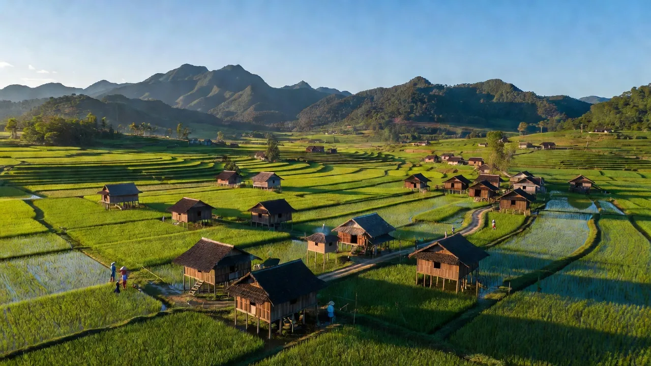 Cảnh quan xanh tươi của Xã Ea Pô, huyện Cư Jút, Đắk Nông với đồng ruộng và nhà truyền thống.
