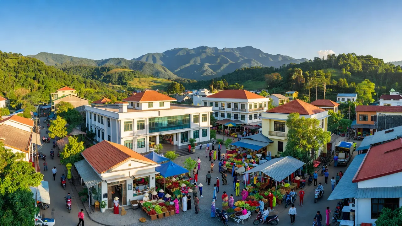 Khung cảnh thị trấn Ea T'Ling, huyện Cư Jút, với các tòa nhà và thiên nhiên xanh tươi.