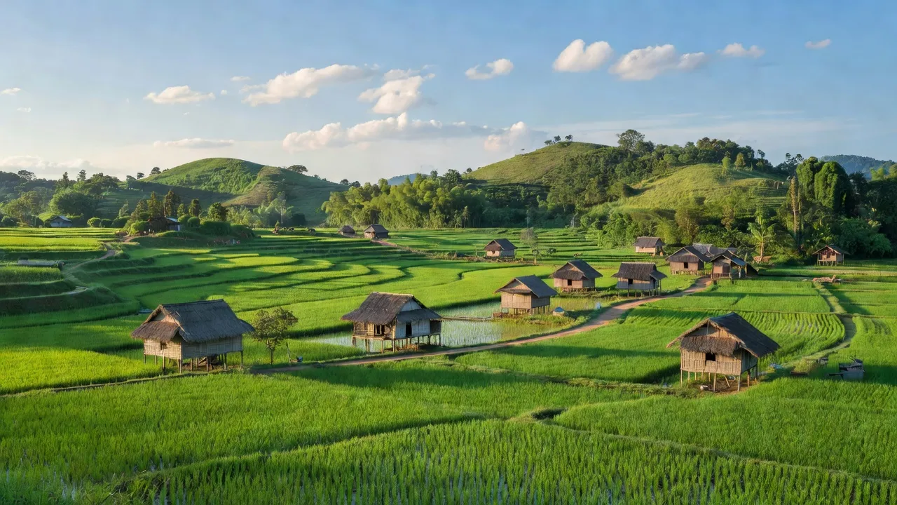 Khung cảnh yên bình xã Nam Đông, huyện Cư Jút, tỉnh Đắk Nông với đồng xanh và nhà cửa.