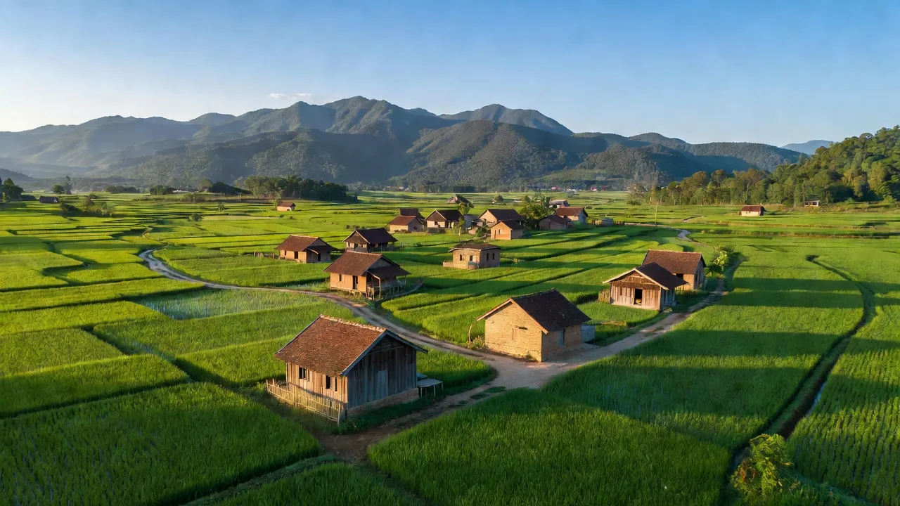 Khung cảnh xã Tâm Thắng huyện Cư Jút, Đắk Nông với đồng lúa xanh và nhà truyền thống.