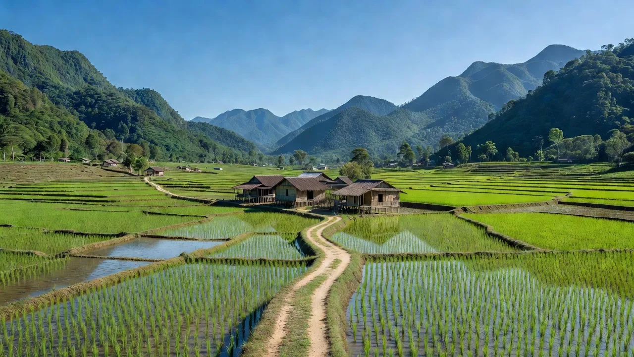 Cảnh đẹp ở Xã Trúc Sơn, Huyện Cư Jút, tỉnh Đắk Nông với núi non và đồng xanh.