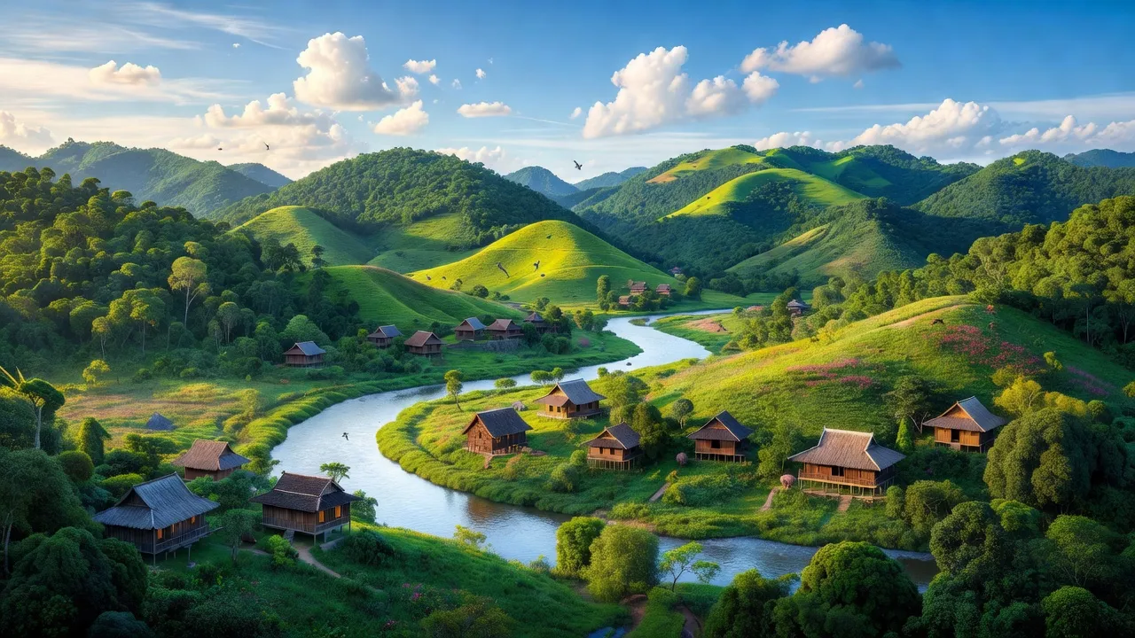 Cảnh quan huyện Đắk Glong, tỉnh Đắk Nông với đồi núi xanh tươi và sông nước.