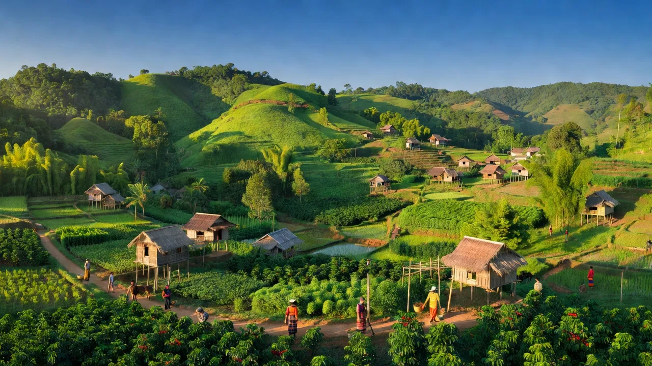 Khung cảnh huyện Đắk Glong, tỉnh Đắk Nông với đồi núi xanh, cộng đồng dân tộc và nông nghiệp.