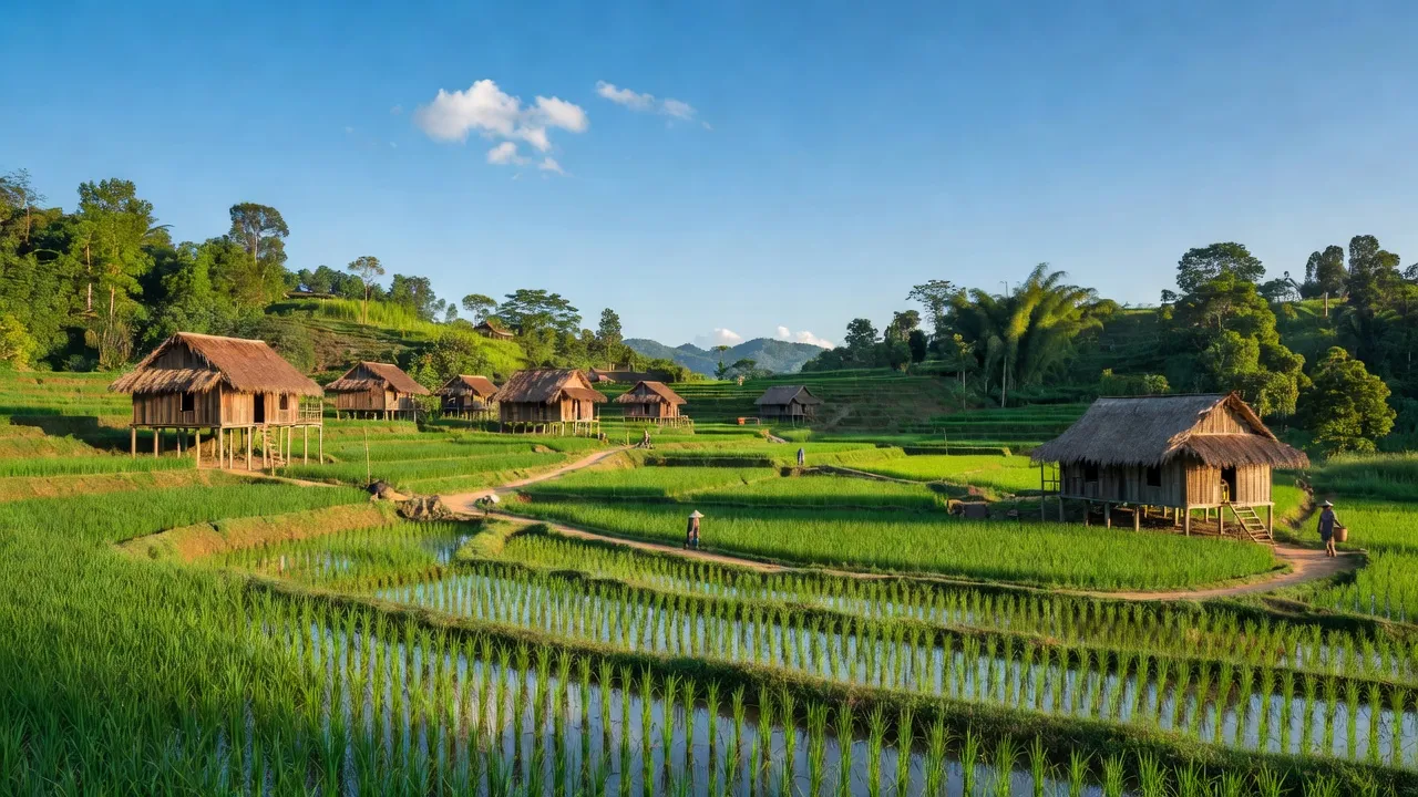 Cảnh sắc xã Đắk Ha, huyện Đắk Glong, tỉnh Đắk Nông với ruộng xanh và nhà truyền thống.