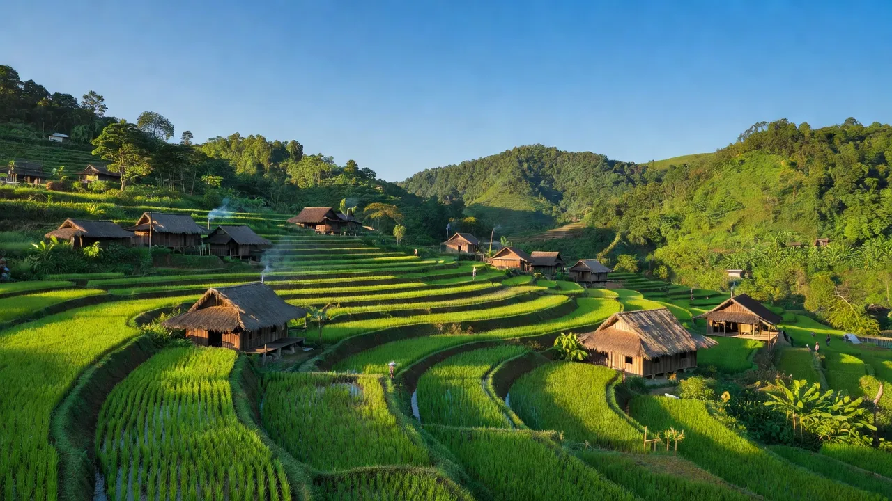 Khung cảnh xã Đắk R'Măng, huyện Đăk Glong với nhà gỗ và cánh đồng xanh tươi.