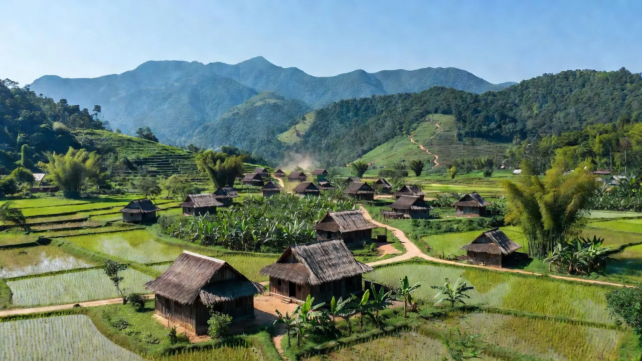 Khung cảnh xanh tươi của xã Đắk R'Măng, huyện Đăk Glong, tỉnh Đắk Nông với nhà sàn và núi non.