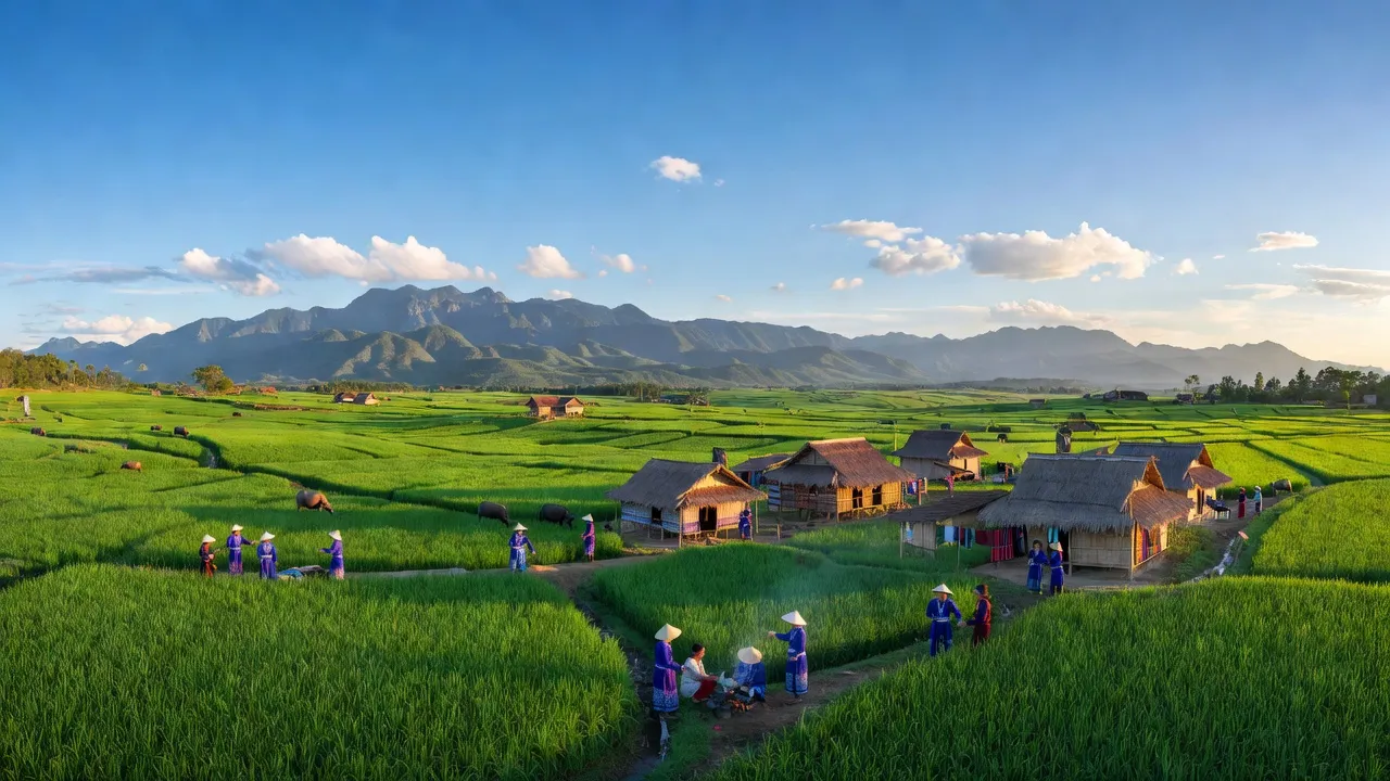Cảnh đẹp xã Đắk Som, huyện Đăk Glong, tỉnh Đắk Nông với núi non và cánh đồng xanh.