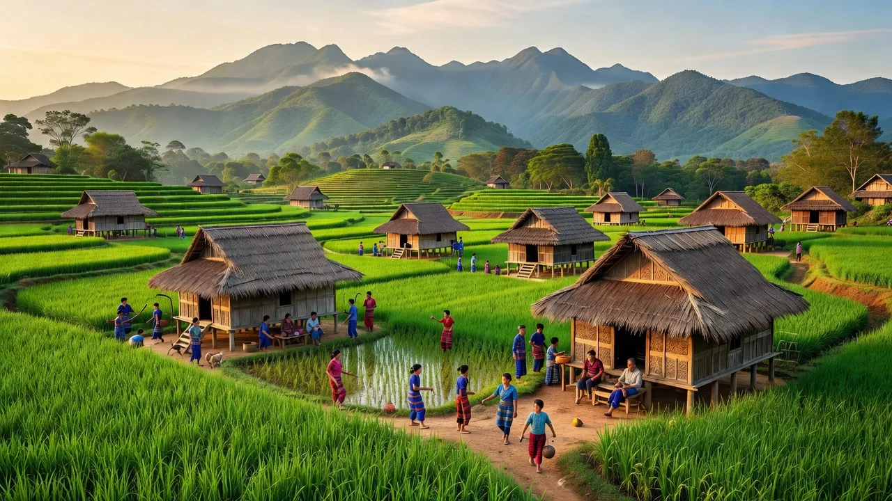 Khung cảnh làng Đắk Som với cánh đồng xanh và núi non, thể hiện văn hóa cộng đồng tại Đắk Nông.