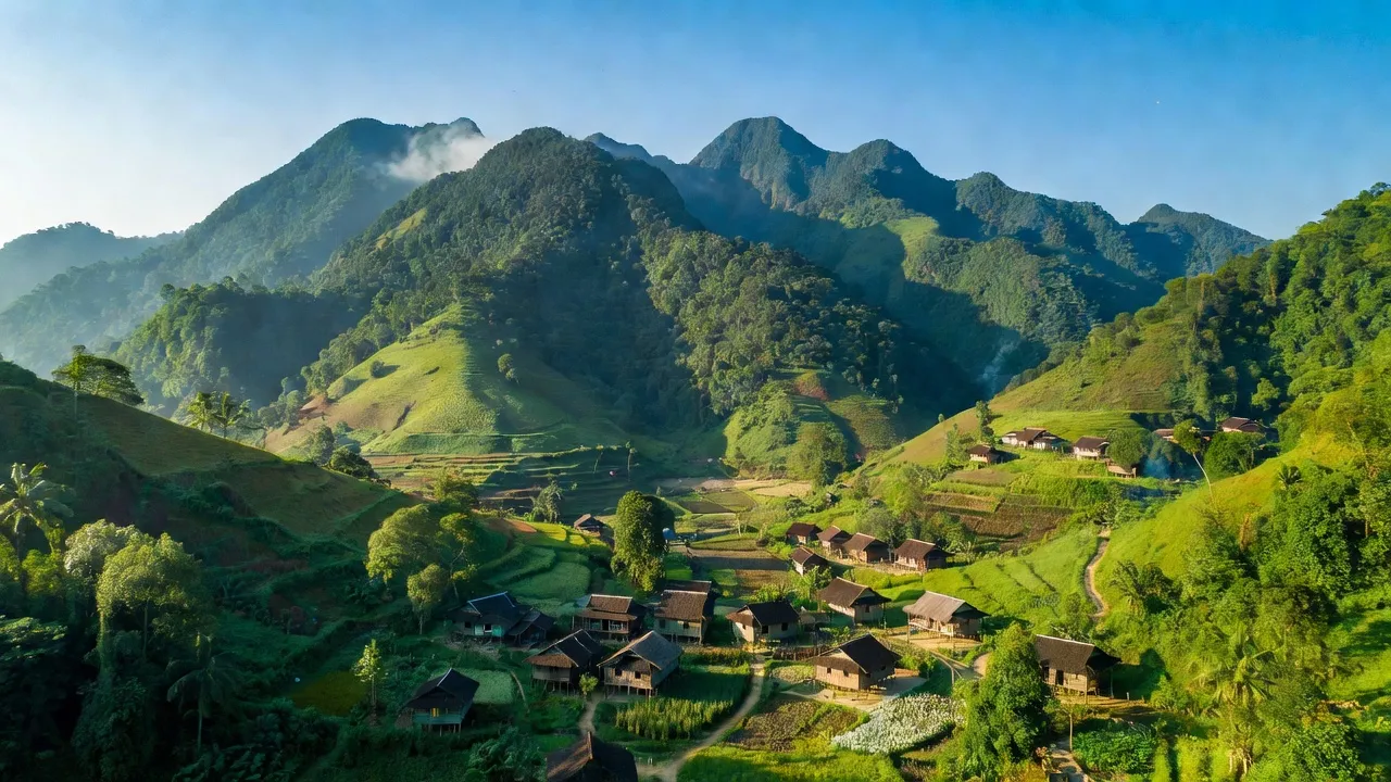 Vị trí xã Quảng Hoà, huyện Đăk Glong, tỉnh Đắk Nông với núi xanh và thôn bản dân tộc.
