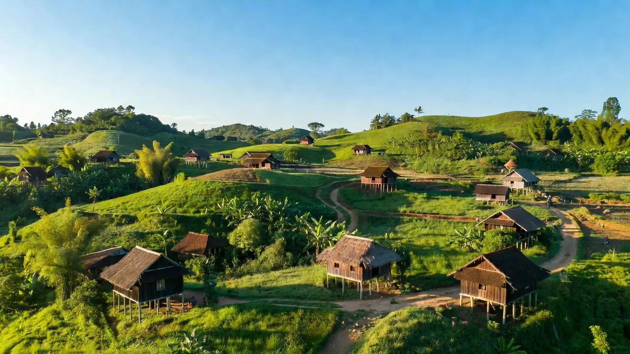 Quảng Khê, huyện Đăk Glong, tỉnh Đắk Nông, cảnh đẹp thiên nhiên, nhà sàn truyền thống, bầu trời xanh.