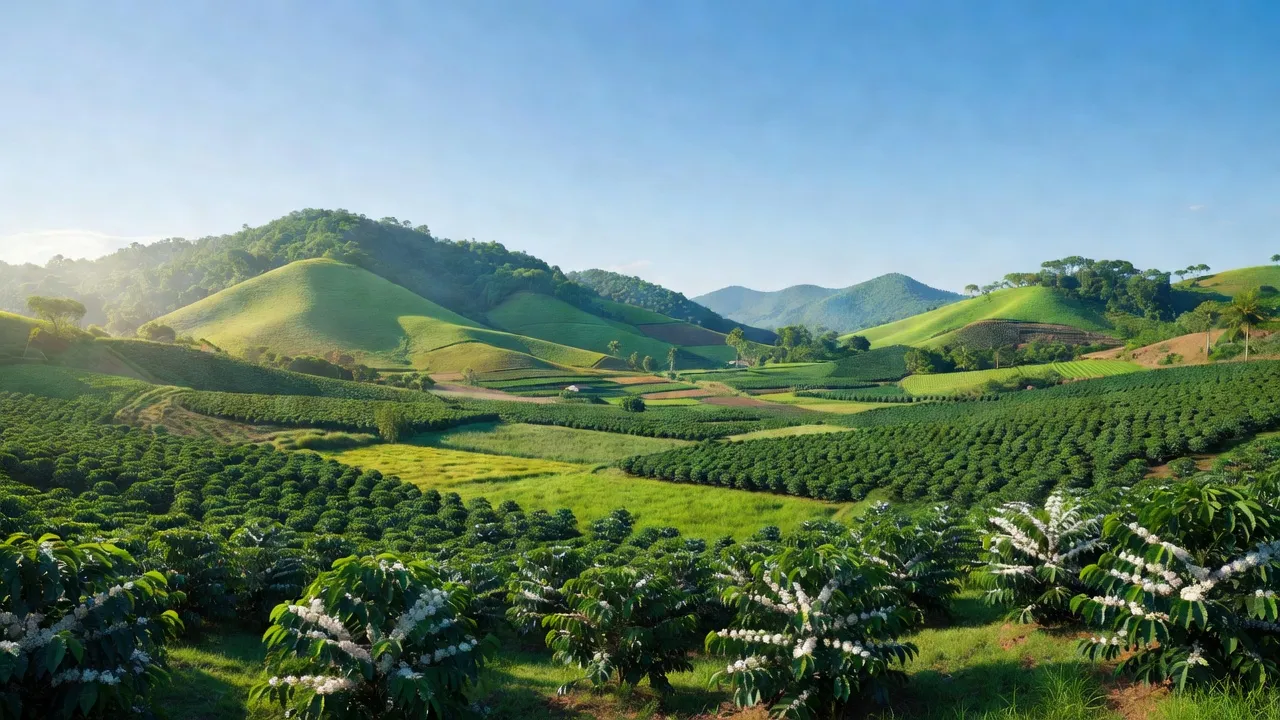 Phong cảnh xã Quảng Sơn, Đăk Glong, Đắk Nông với đồi núi, cánh đồng và cây cà phê.