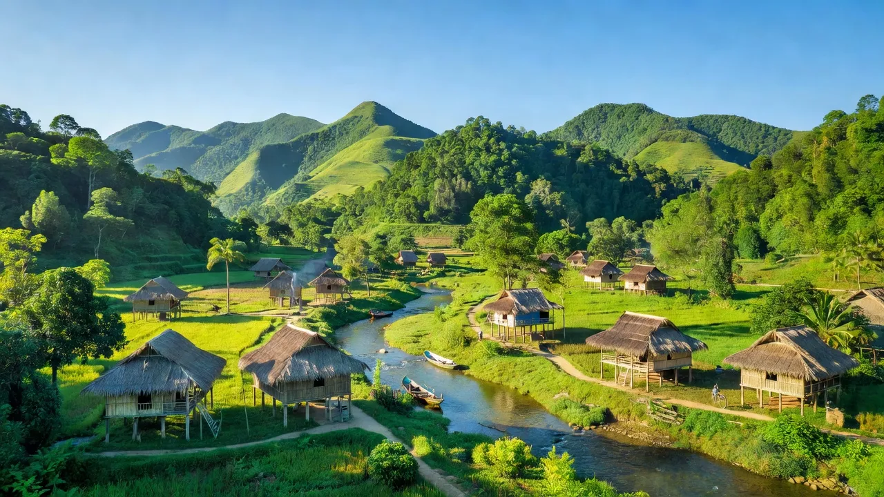 Khung cảnh huyện Đắk Mil, tỉnh Đắk Nông với núi rừng xanh tươi và dòng sông thơ mộng.