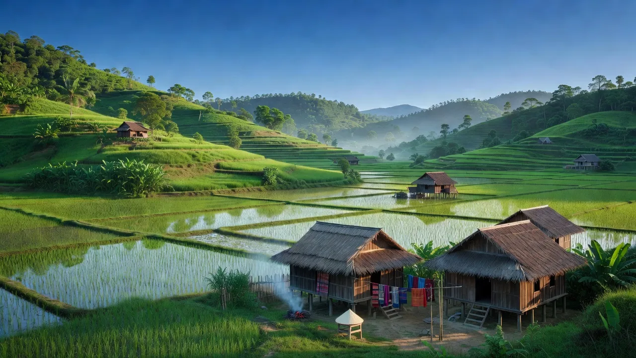 Khung cảnh thiên nhiên ở huyện Đắk Mil, tỉnh Đắk Nông với cánh đồng xanh và nhà truyền thống.