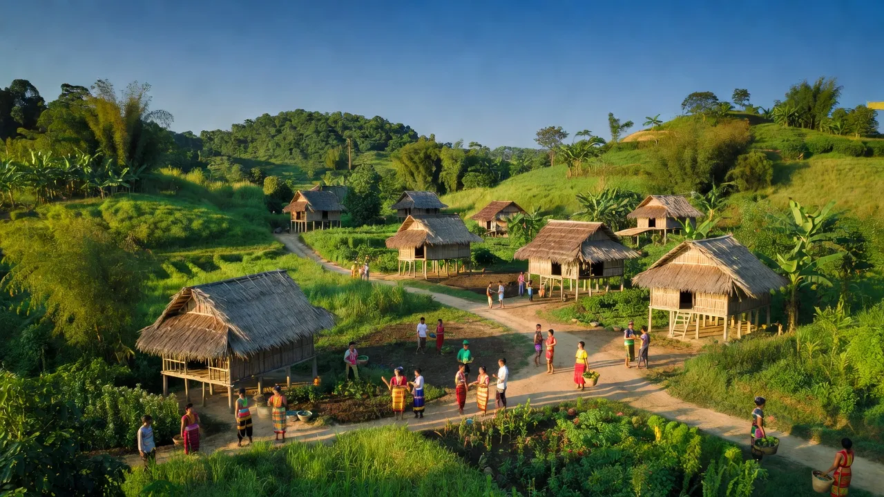 Khung cảnh xanh tươi của xã Đắk Lao, huyện Đắk Mil, tỉnh Đắk Nông, với nhà truyền thống và bầu trời trong xanh.