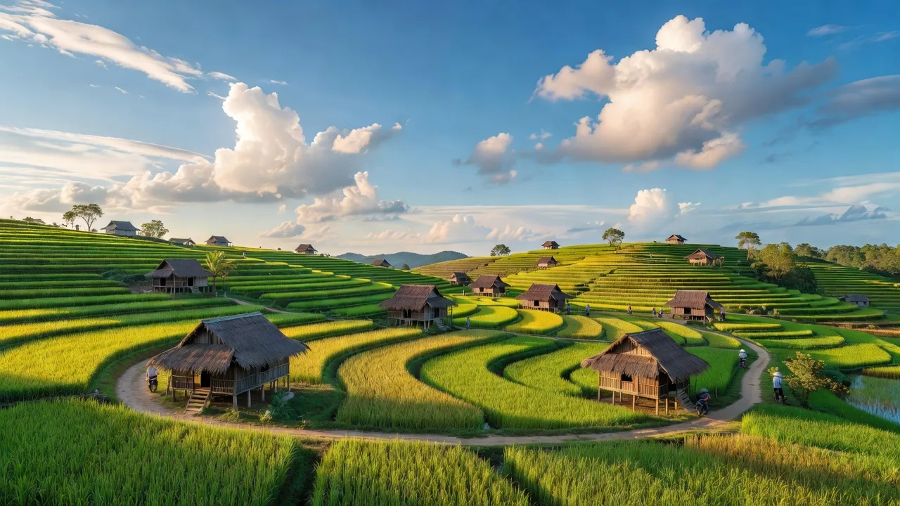 Khung cảnh tươi đẹp tại xã Đắk N'Drót, huyện Đắk Mil, tỉnh Đắk Nông với cánh đồng xanh và nhà truyền thống.