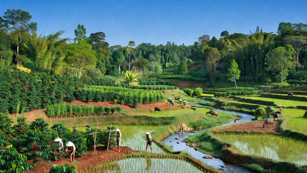 Cảnh đẹp xã Đắk R'La, huyện Đắk Mil, tỉnh Đắk Nông với cánh đồng xanh và dòng suối trong trẻo.