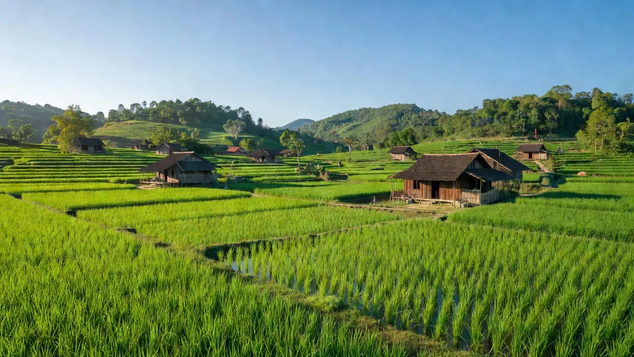 Khung cảnh làng Đắk Sắk, Huyện Đắk Mil với cánh đồng xanh và nhà gỗ truyền thống.
