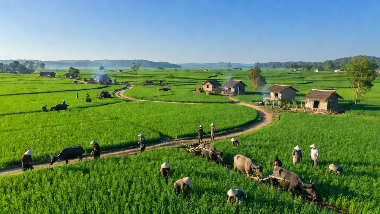 Khung cảnh xanh tươi của xã Đắk Sắk, Đắk Mil, Đắk Nông với nông nghiệp và đời sống cộng đồng.
