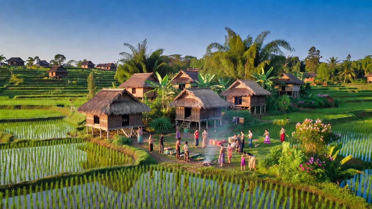 Khung cảnh xã Đức Minh, huyện Đắk Mil với cánh đồng và nhà truyền thống, thể hiện nông thôn Việt Nam.