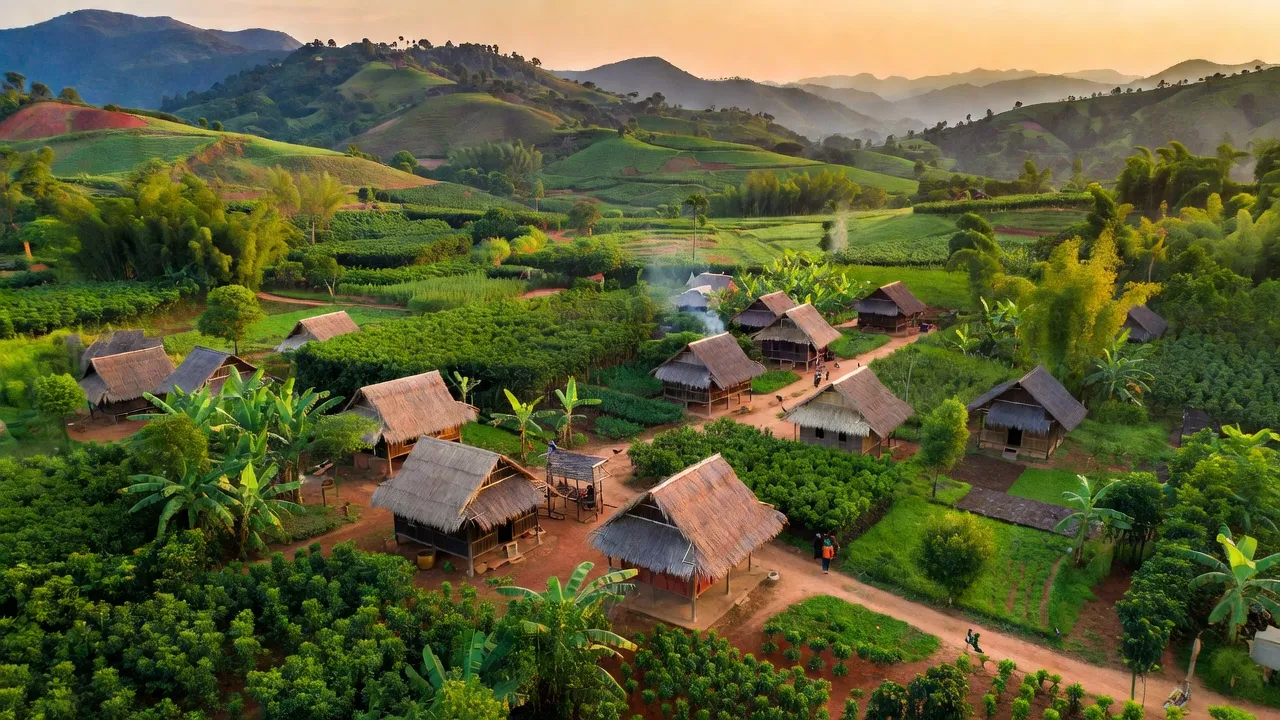 Phong cảnh Xã Long Sơn, Đắk Mil, Đắk Nông với nhà cửa truyền thống và thiên nhiên xanh tươi.