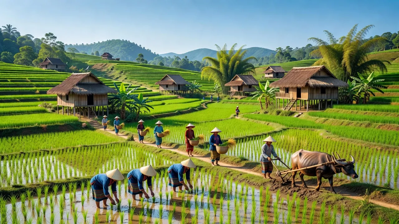 Khung cảnh xanh tươi tại xã Đạo Nghĩa, huyện Đắk R'Lấp, tỉnh Đắk Nông, với các cánh đồng và nhà truyền thống.