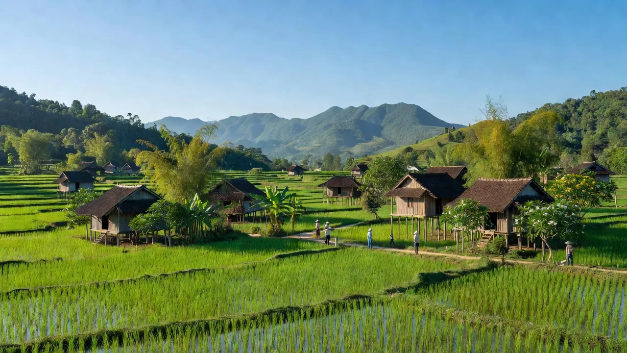 Cảnh đẹp Xã Hưng Bình, Đắk R'Lấp, với cánh đồng xanh, nhà truyền thống và núi đằng xa.