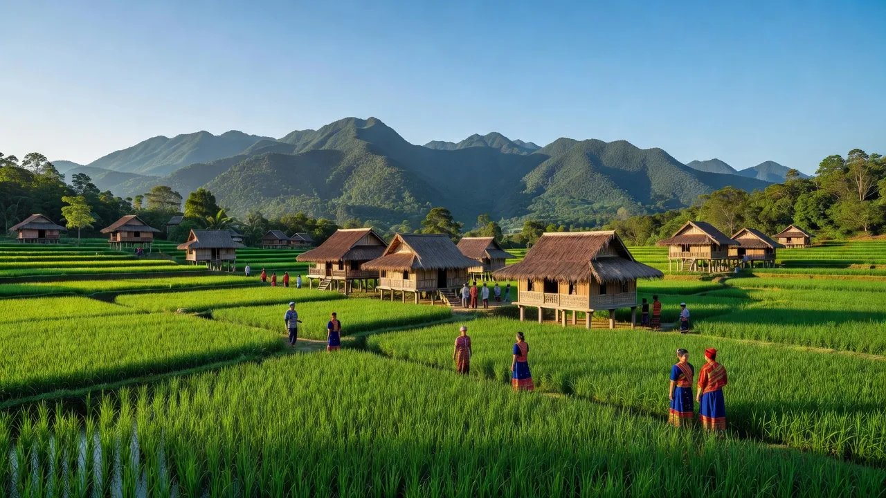 Cảnh quan xã Hưng Bình, huyện Đắk R'Lấp với nhà sàn, đồng lúa và màu xanh tươi mát.