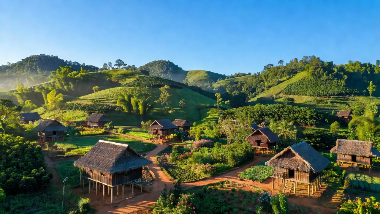 Khung cảnh thị trấn Kiến Đức, Đắk Nông với thiên nhiên xanh tươi và nhà truyền thống.