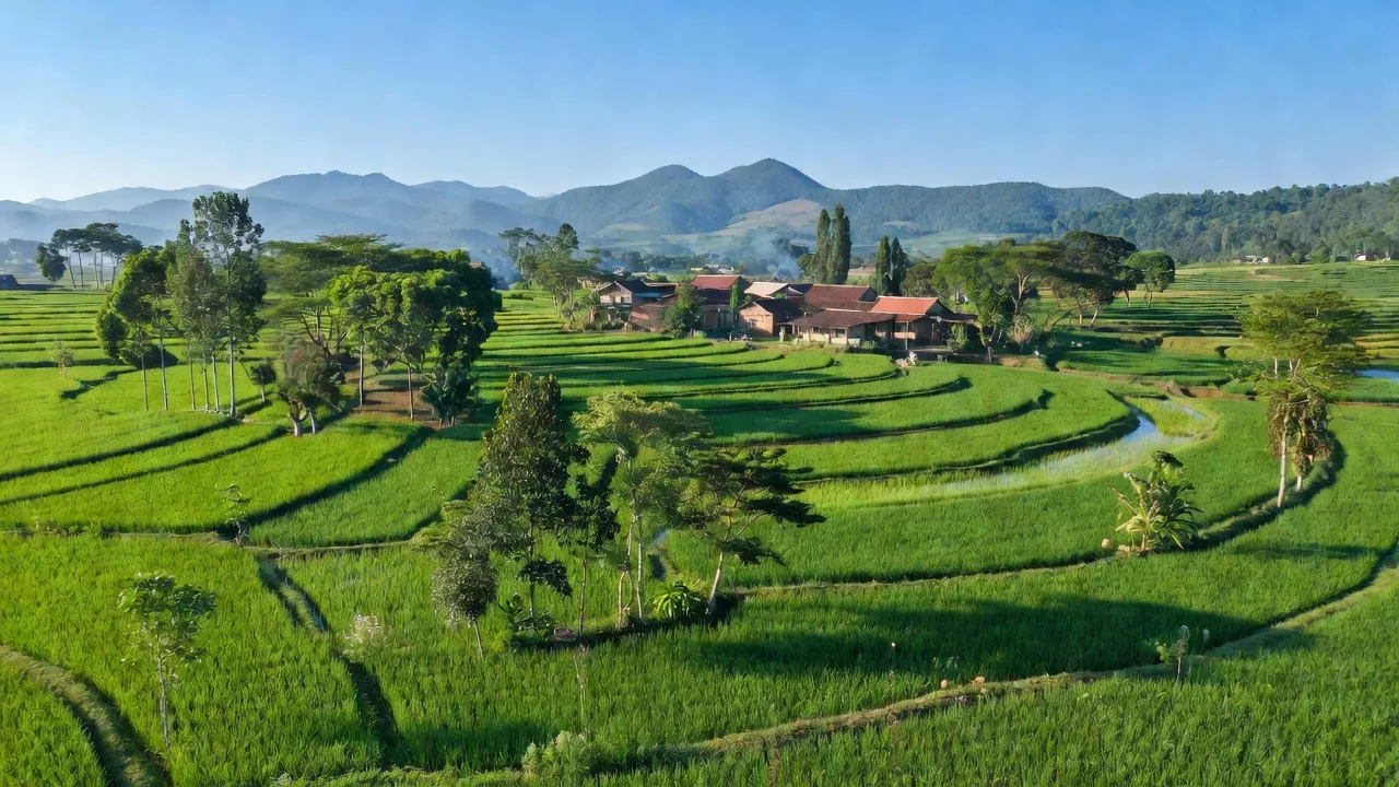 Landschaft xã Nghĩa Thắng, huyện Đắk R'Lấp, tỉnh Đắk Nông với cánh đồng xanh, trời xanh.