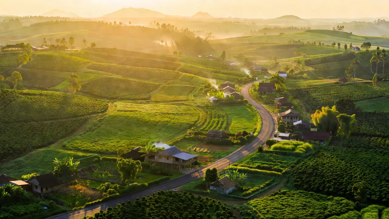 Cảnh quan Xã Nhân Cơ, huyện Đắk R'Lấp, tỉnh Đắk Nông với đồng xanh và Quốc lộ 14.