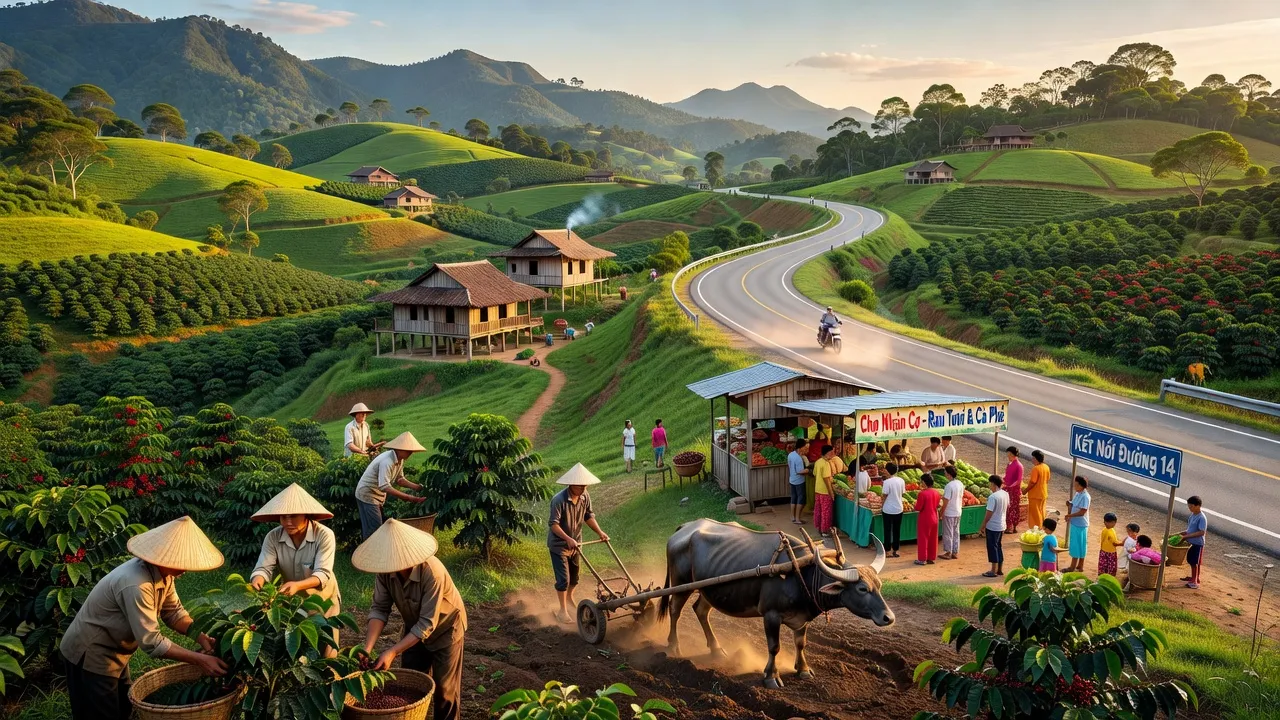 Khung cảnh xanh tươi của xã Nhân Cơ, huyện Đắk R'Lấp, tỉnh Đắk Nông, kết nối Quốc lộ 14.