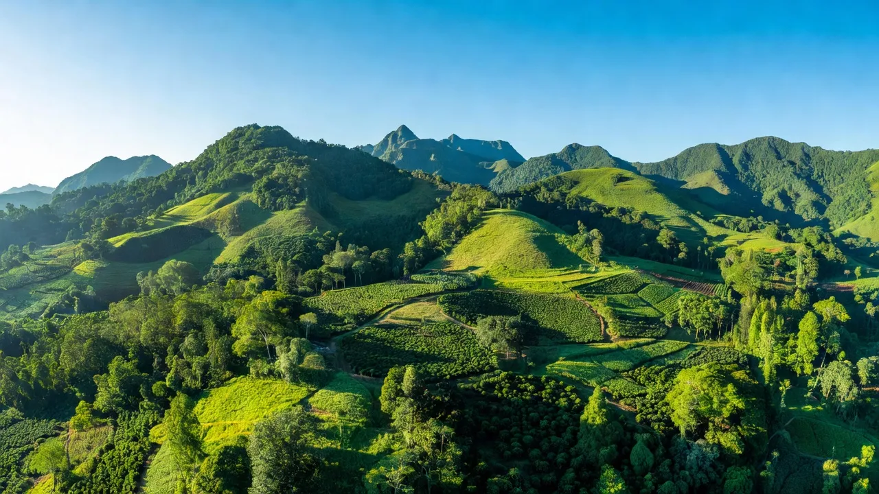 Khung cảnh xã Nhân Đạo ở Đắk Nông với đồi núi và cánh đồng xanh tươi.