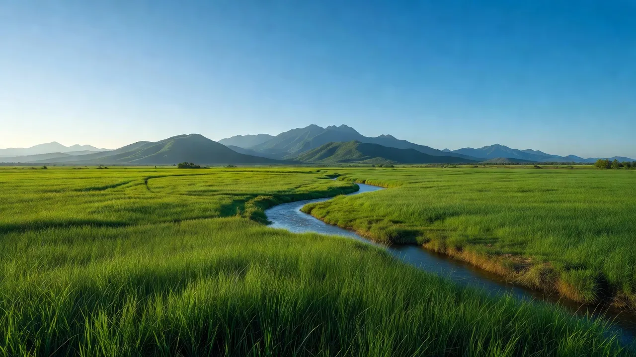Khung cảnh Huyện Đắk Song, Đắk Nông với cánh đồng xanh và sông nhỏ, thể hiện vẻ đẹp thiên nhiên.
