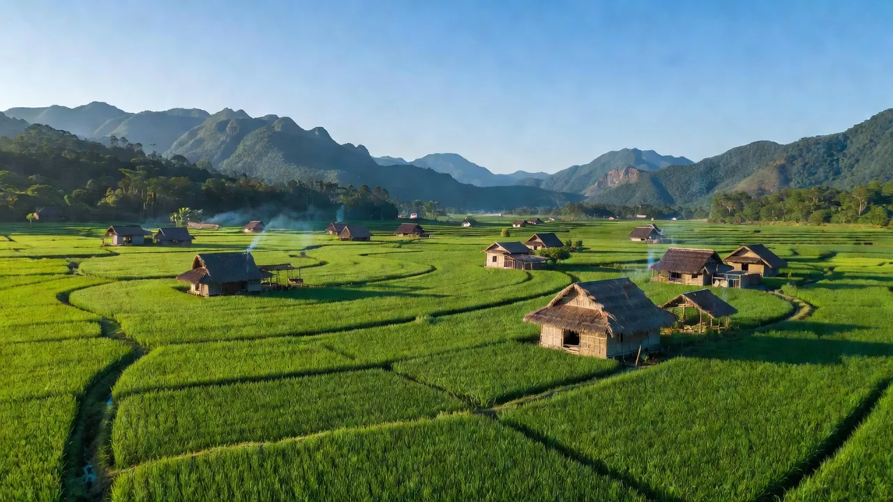 Cảnh quan bình yên xã Đắk Hòa, huyện Đắk Song, tỉnh Đắk Nông với cánh đồng xanh và nhà truyền thống.