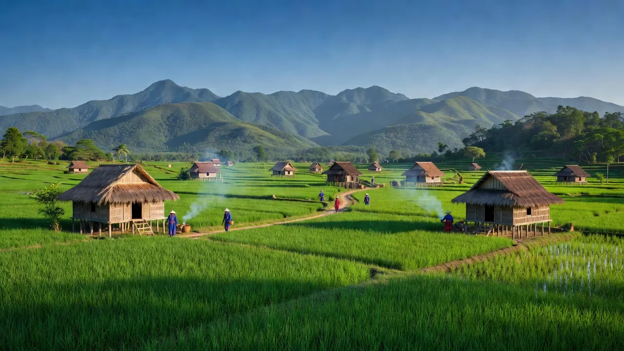 Cảnh đẹp xã Đắk Môl, huyện Đắk Song, tỉnh Đắk Nông với đồng xanh, nhà dân tộc thiểu số.