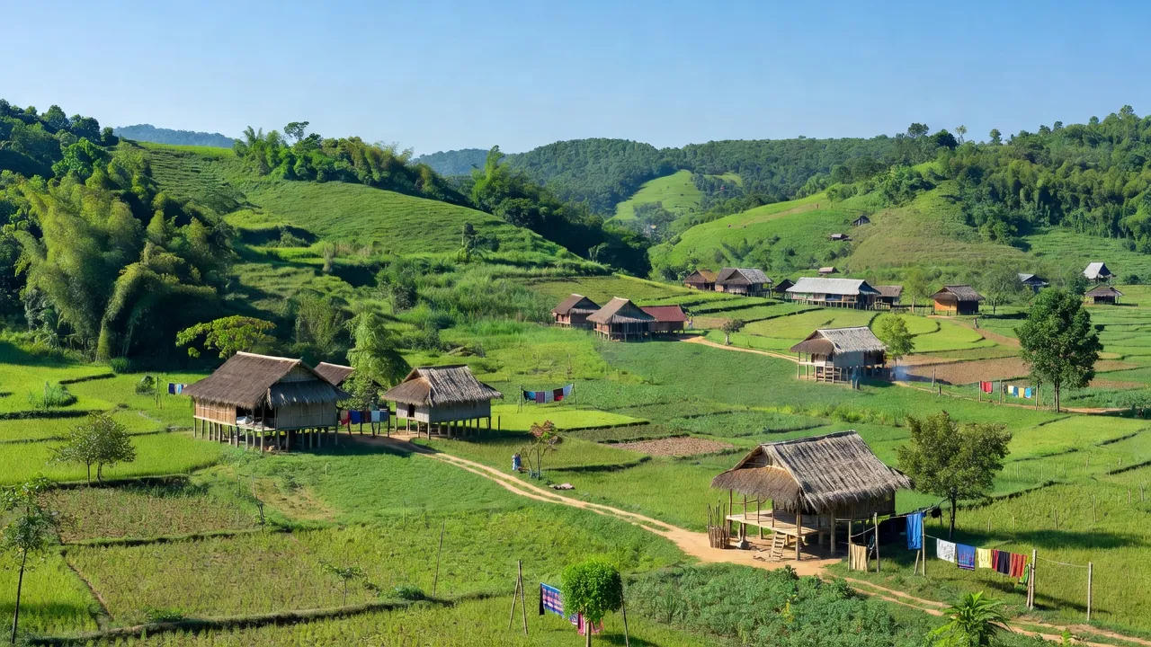 Khung cảnh Đắk Môl, huyện Đắk Song, tỉnh Đắk Nông với thiên nhiên tươi đẹp và nhà truyền thống.