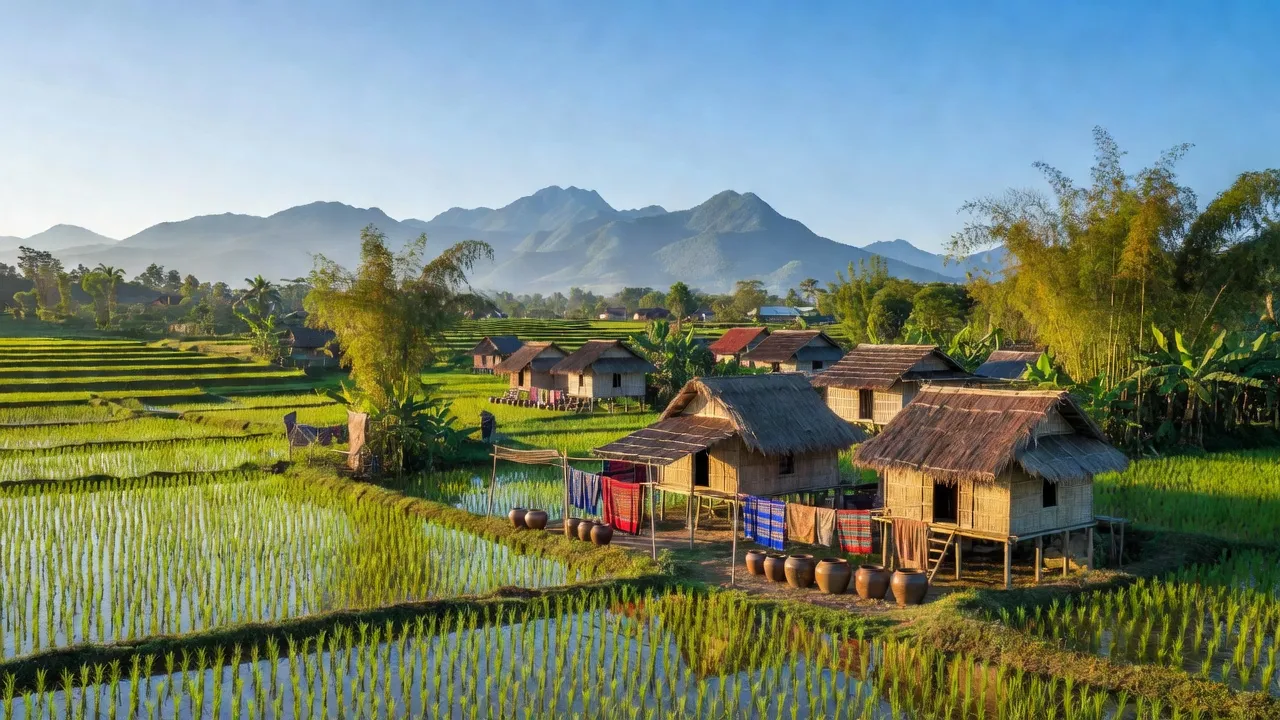 Cảnh đẹp xã Đắk N'Dung, huyện Đắk Song, tỉnh Đắk Nông với đồng ruộng xanh tươi và kiến trúc truyền thống.