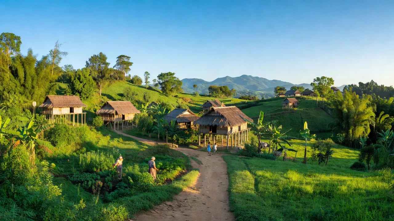 Cảnh làng Đắk N'Dung, huyện Đắk Song, tỉnh Đắk Nông, nổi bật với vẻ đẹp văn hóa nông thôn.