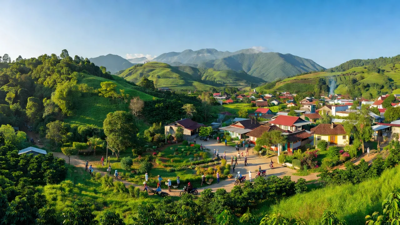 Khung cảnh thị trấn Đức An, Đắk Song, Đắk Nông với đồi núi và khí hậu cao nguyên tươi đẹp.