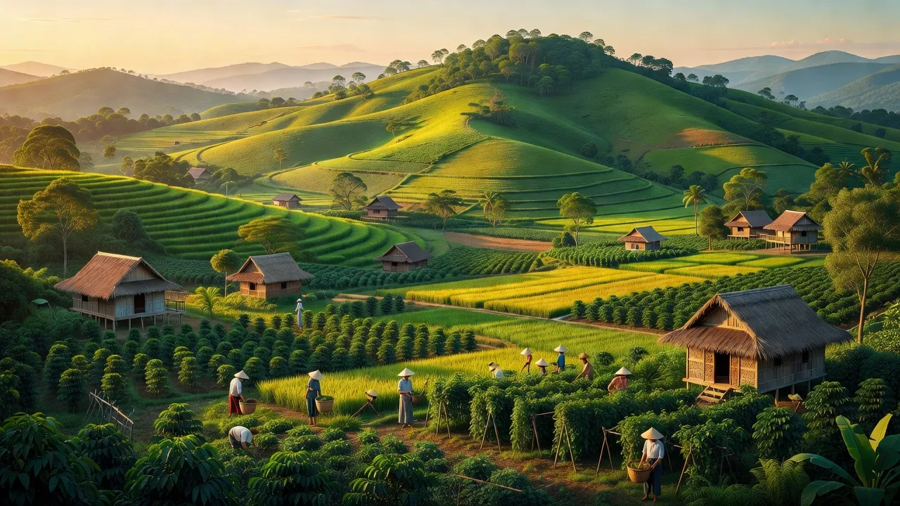 Phong cảnh xã Nâm N'Jang, huyện Đắk Song, Đắk Nông với đồi núi và nông nghiệp bền vững.