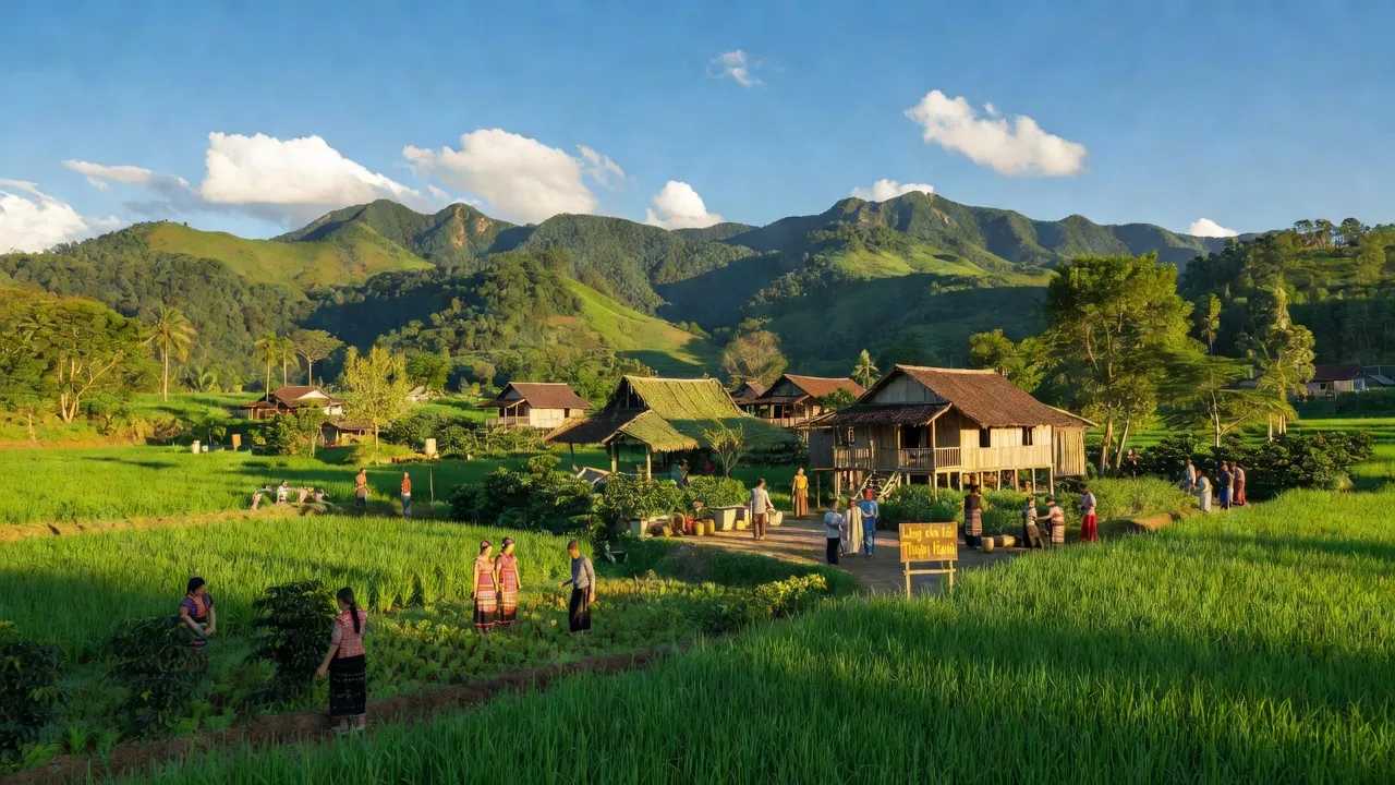 Cảnh quan thiên nhiên xã Thuận Hạnh, huyện Đắk Song, tỉnh Đắk Nông với đồng cỏ xanh và bầu trời trong.