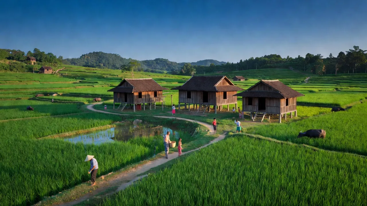 Cảnh sắc hữu tình xã Thuận Hạnh, huyện Đăk Song, tỉnh Đăk Nông với nhà gỗ và cánh đồng lúa.