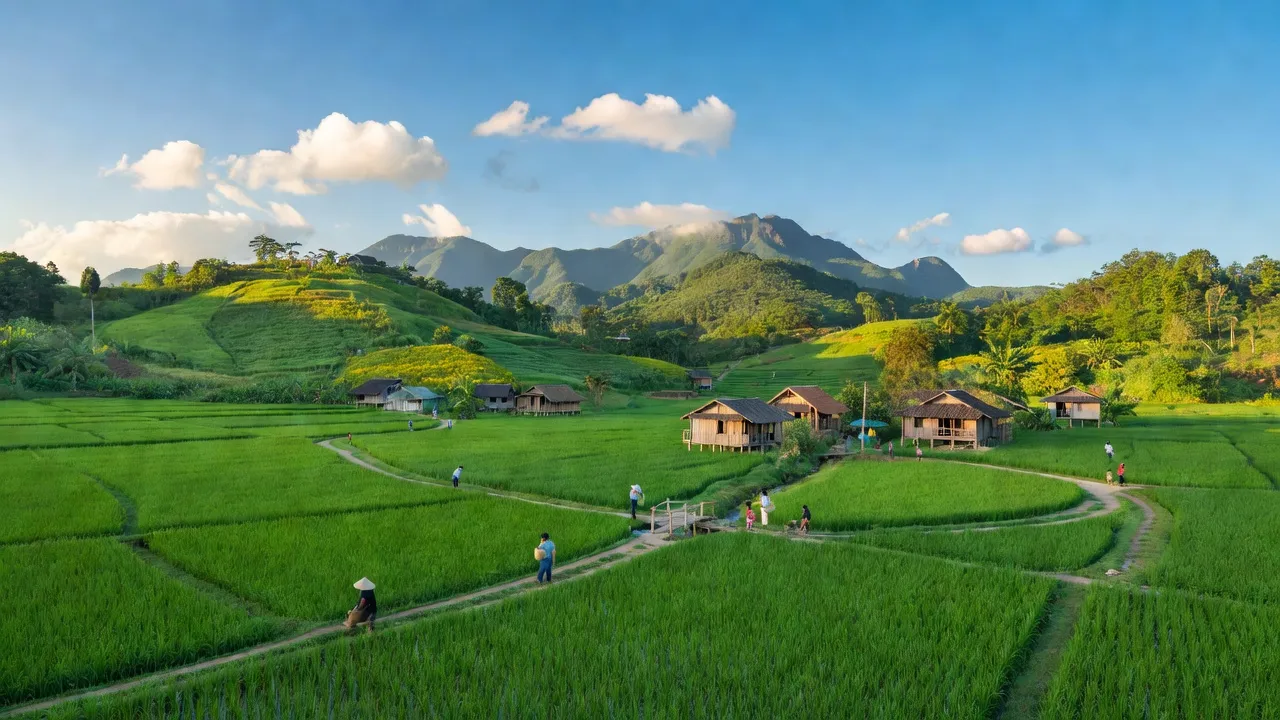 Cảnh quan xã Trường Xuân, Đắk Song, Đắk Nông với đồng cỏ xanh và đồi núi hùng vĩ.