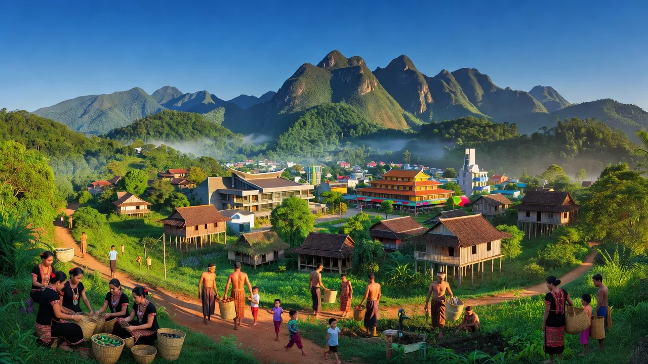 Phong cảnh thành phố Gia Nghĩa, Đắk Nông với núi non và cuộc sống người dân địa phương.