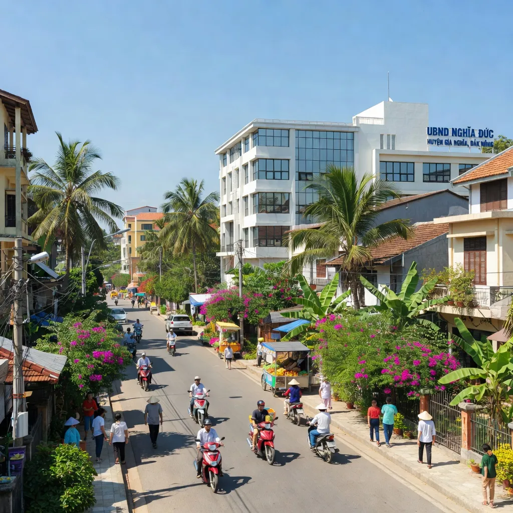 Phường Nghĩa Đức, Gia Nghĩa, Đắk Nông với kiến trúc hiện đại và cảnh sắc thiên nhiên phong phú.