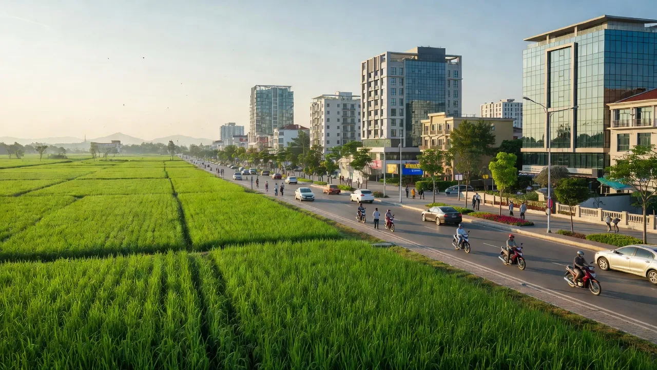 Khung cảnh phường Nghĩa Phú, Gia Nghĩa, Đắk Nông với các cánh đồng và kiến trúc hiện đại.