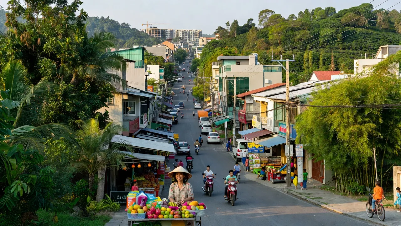 Phường Nghĩa Tân, Gia Nghĩa, Đắk Nông với khung cảnh sống động và cây xanh bao quanh.