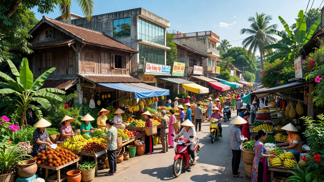 Cảnh đường phố sôi động tại Phường Nghĩa Thành, Gia Nghĩa, Đắk Nông với chợ và cây xanh.